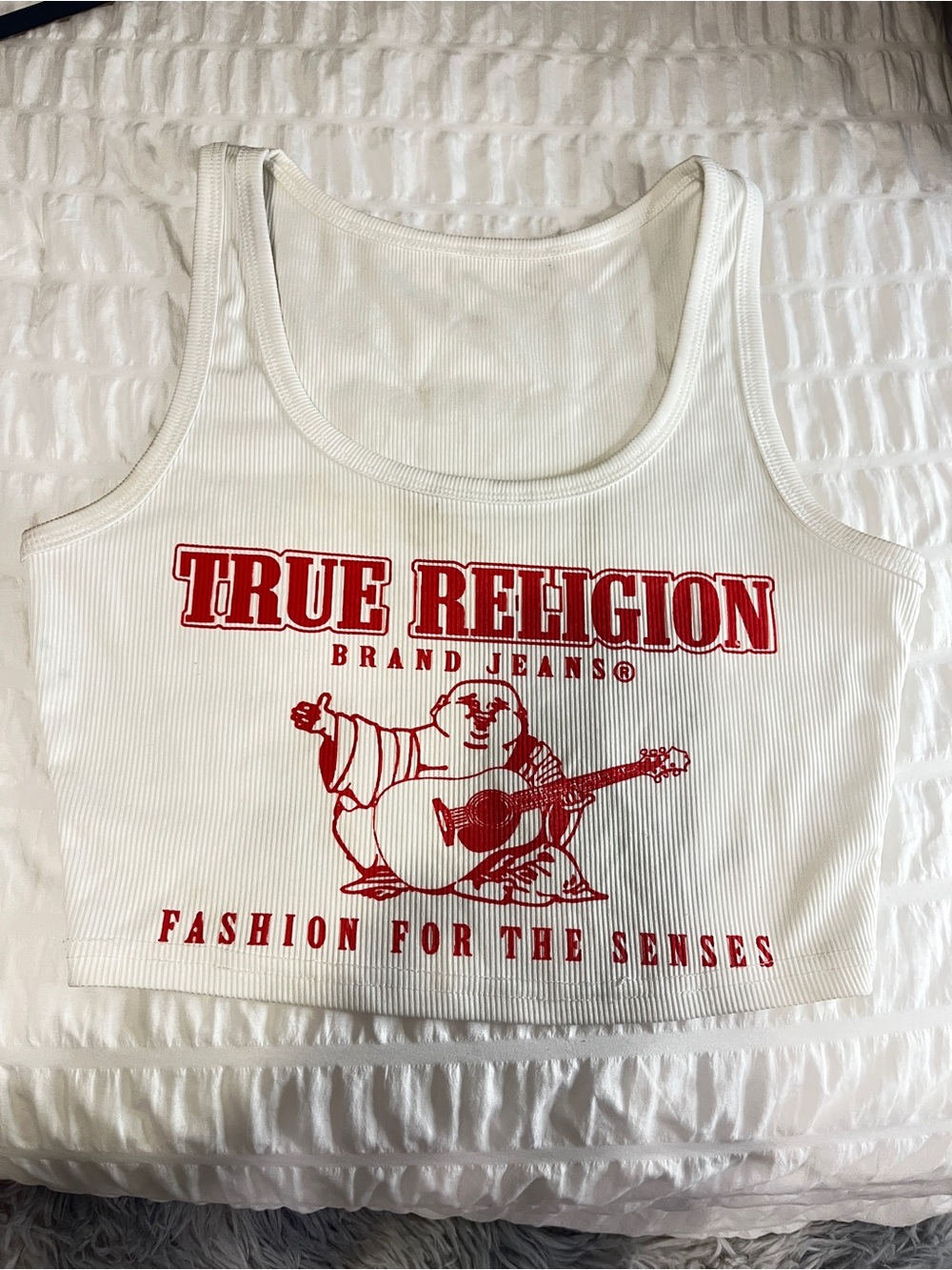 True Religion White Ribbed Crop Tank with Red Logo Graphic